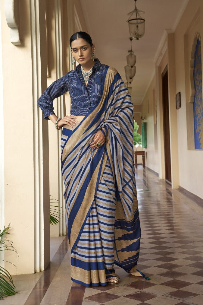 Royal Blue Printed Crepe Silk Saree