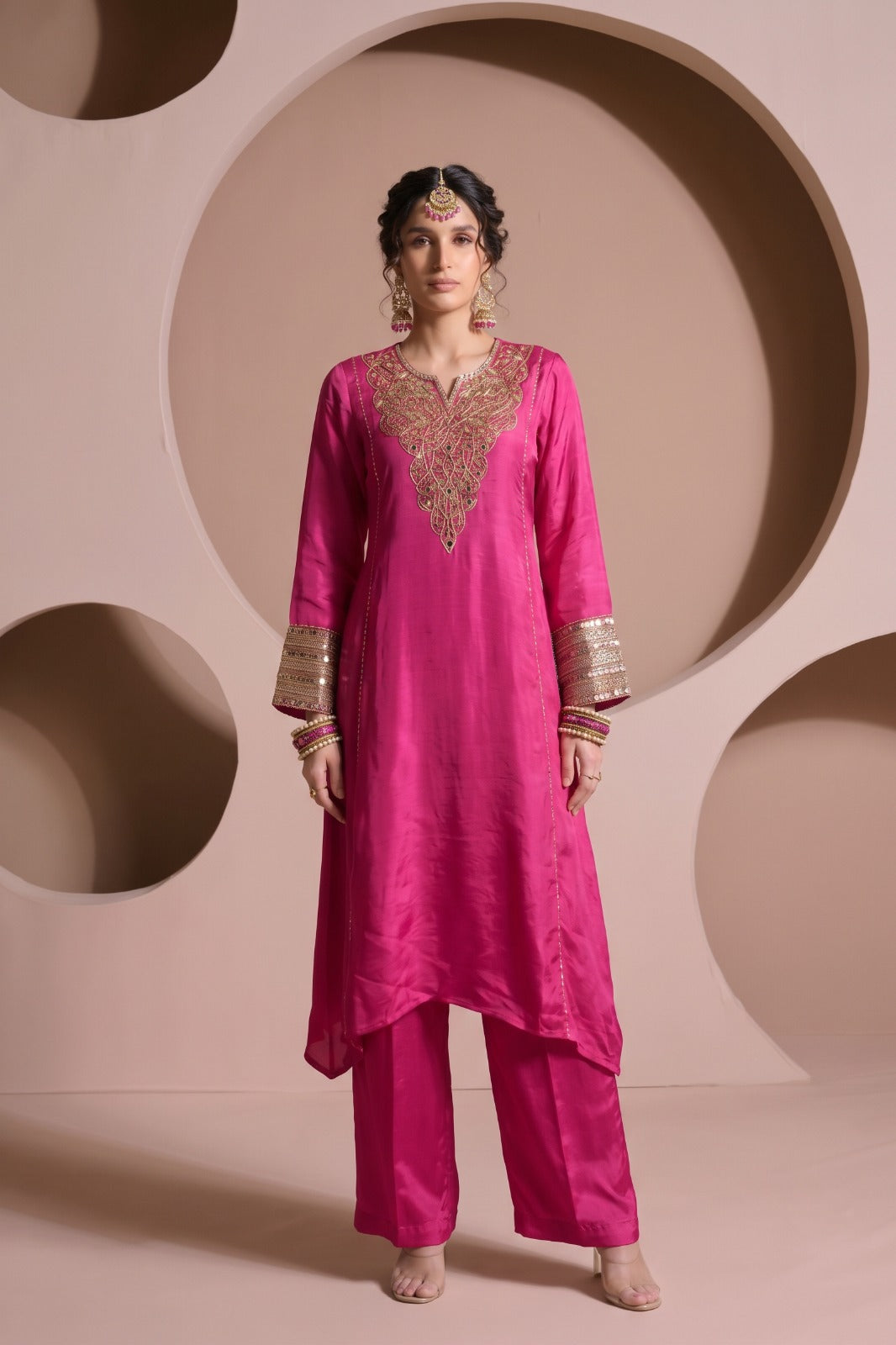 Fuchsia Pink Embellished Crepe Silk Pant Set