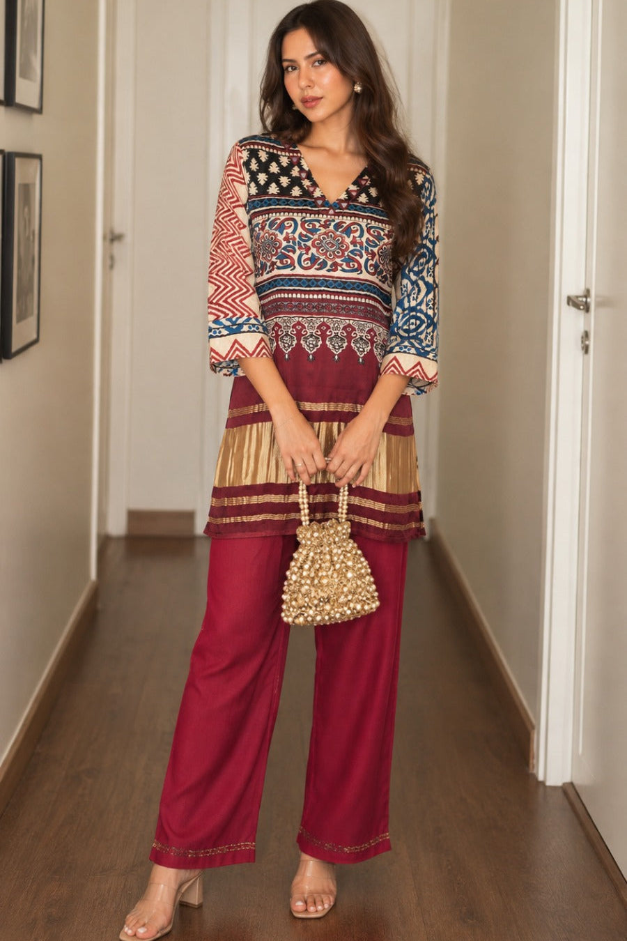 Maroon Red Embellished Gaji Silk Co-Ord Set