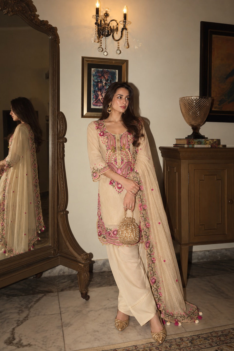 Cream Gold Embellished Shimmer Silk Salwar Set