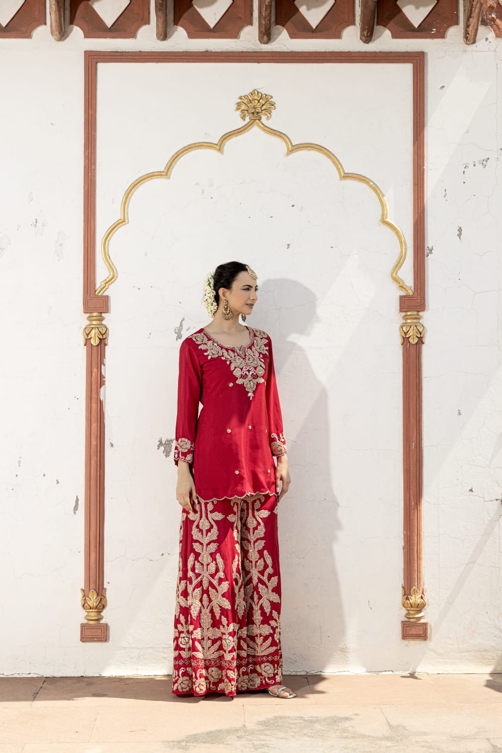 Crimson Red Embellished Chinon Silk Palazzo Set