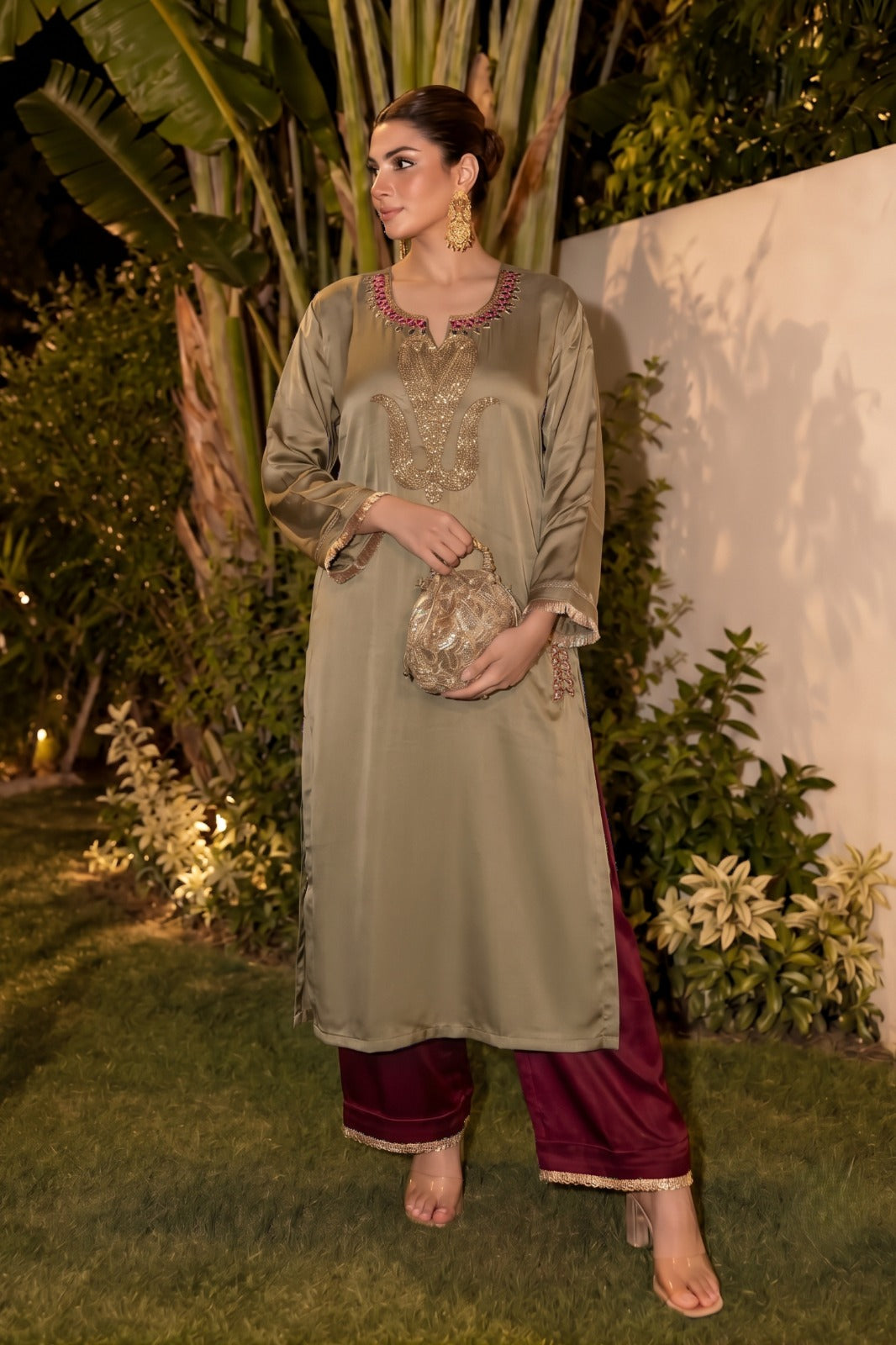 Metallic Taupe Embellished Crepe Satin Silk Pant Set