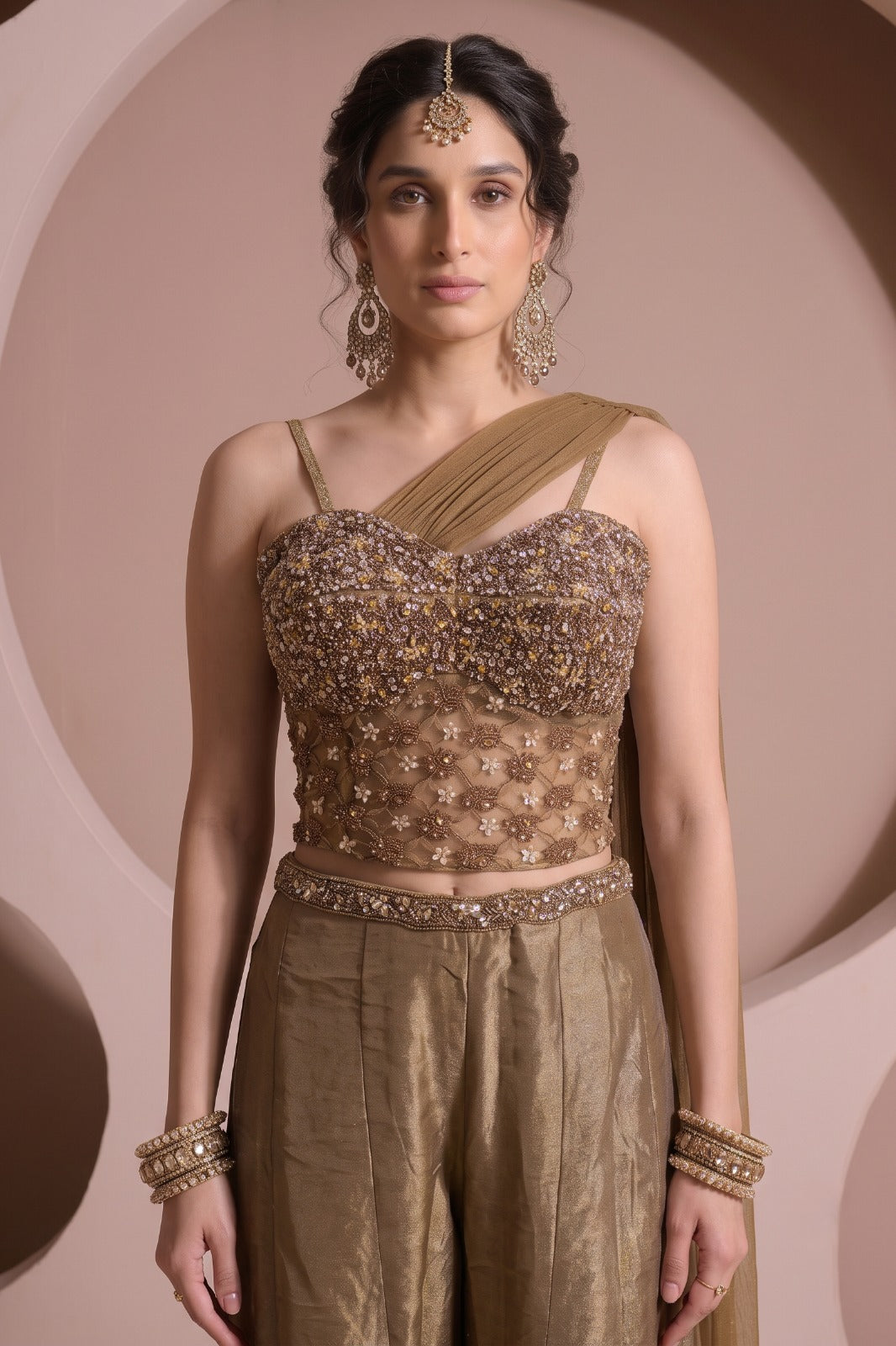Dusty Olive Embellished Shimmer Silk Palazzo Set