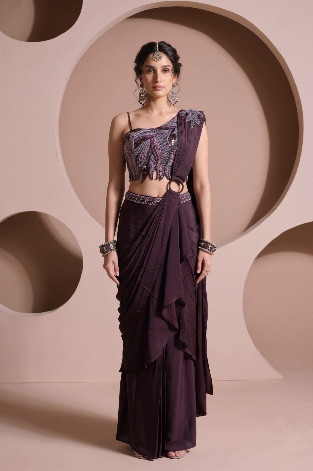 Regal Mulberry Embellished Satin Silk Skirt Saree