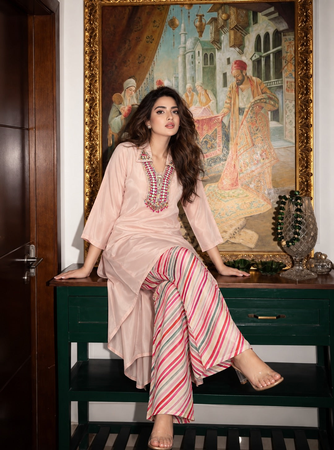 Light Pink Embellished Crepe Silk Co-ord Set
