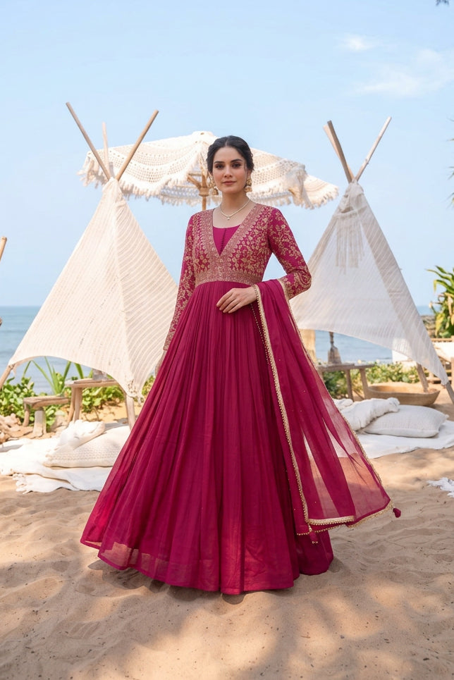 Magents Pink Embellished Chinon Silk Anarkali Set