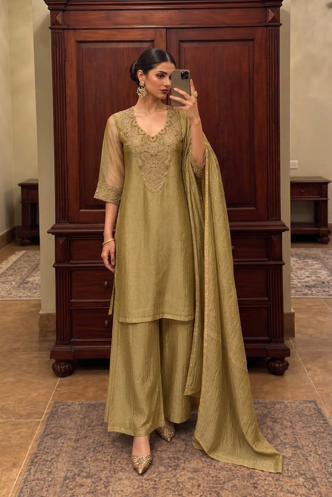Metallic Green Embellished Pure Tissue Silk Pant Set