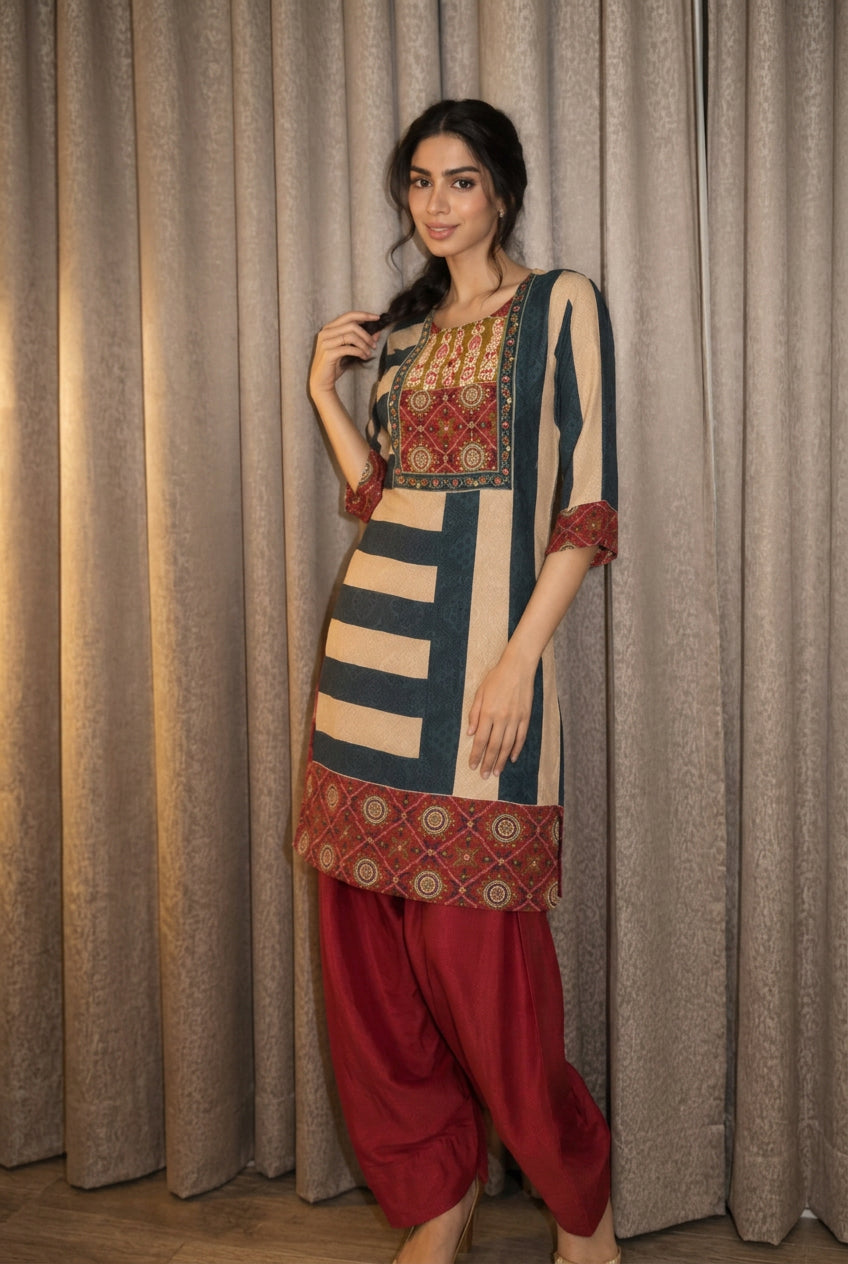 Maroon Embellished Crepe Silk Salwar Set