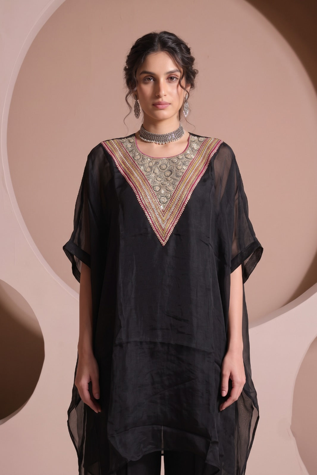 Classic Black Embellished Organza Silk Pant Set