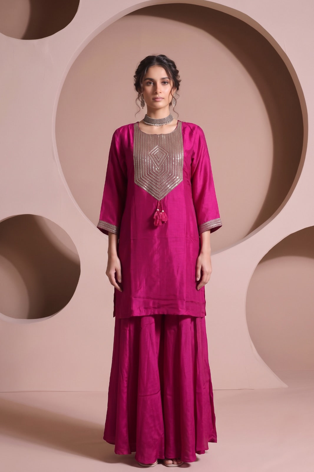 Magenta Pink Embellished Raw Silk Palazzo Set