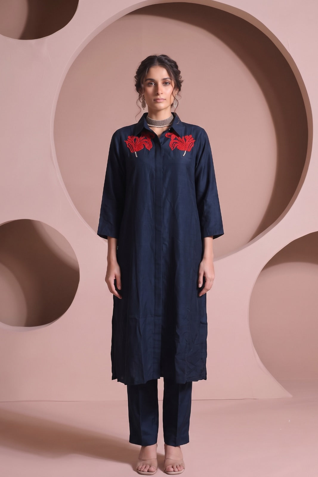 Navy Blue Embellished Raw Silk Pant Set