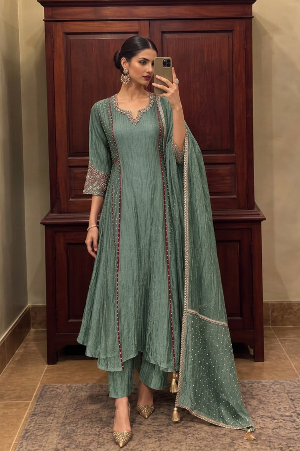 Metallic Sage Embellished Crushed Silk Anarkali Set