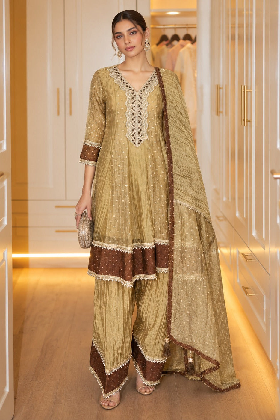 Metallic Gold Embellished Tissue Silk Salwar Set