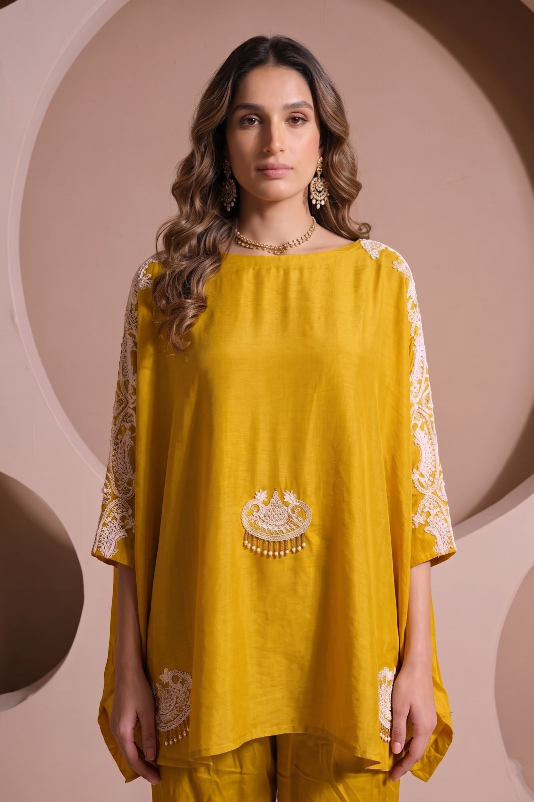 Mustard Yellow Embellished Raw Silk Kaftan Set