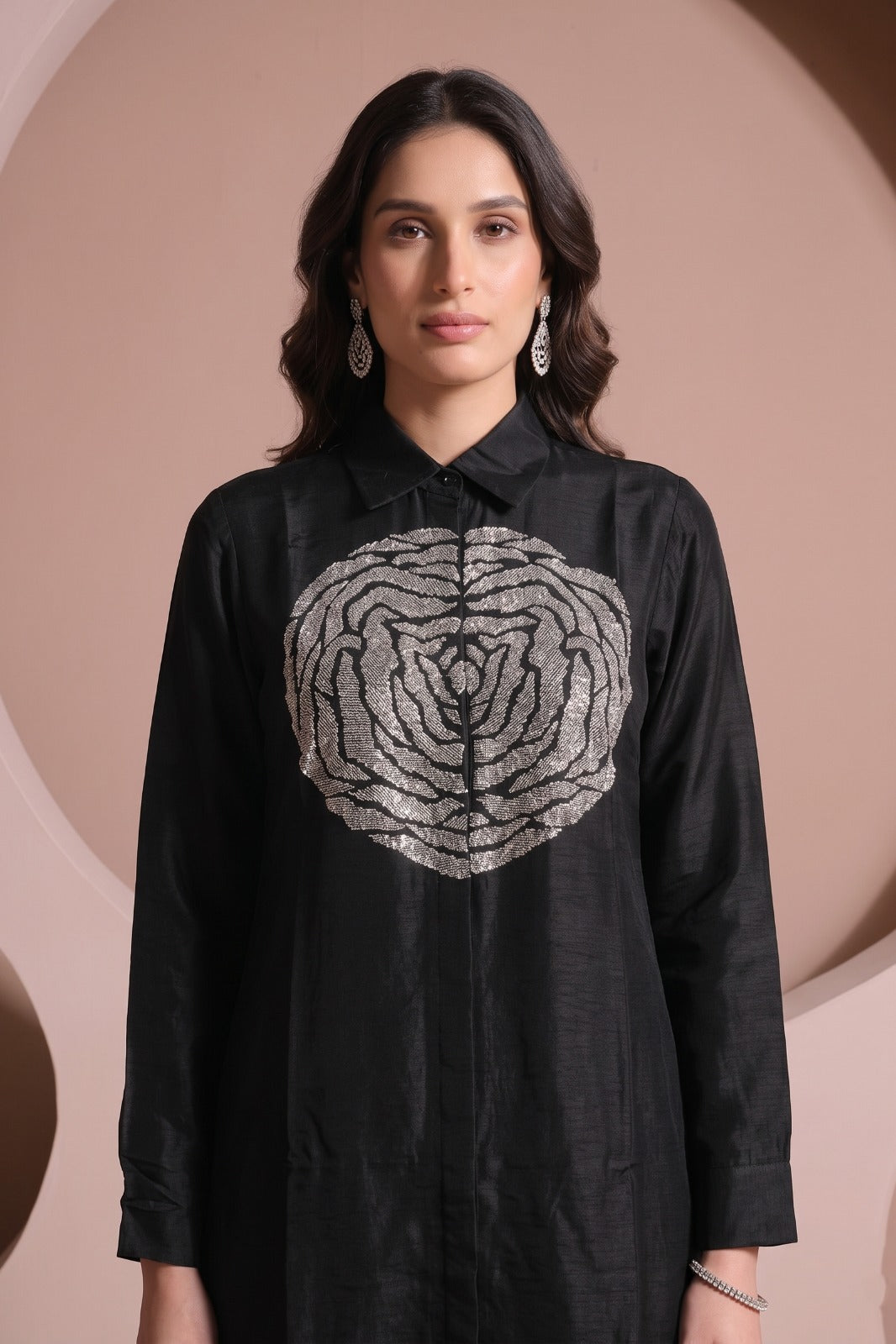 Jet Black Embellished Raw Silk Pant Set