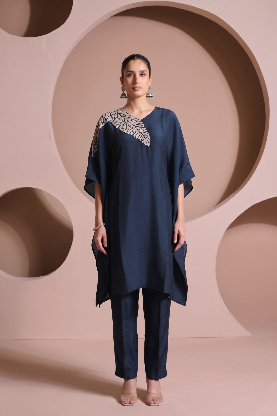Peacock Teal Blue Embellished Raw Silk Kaftan Set
