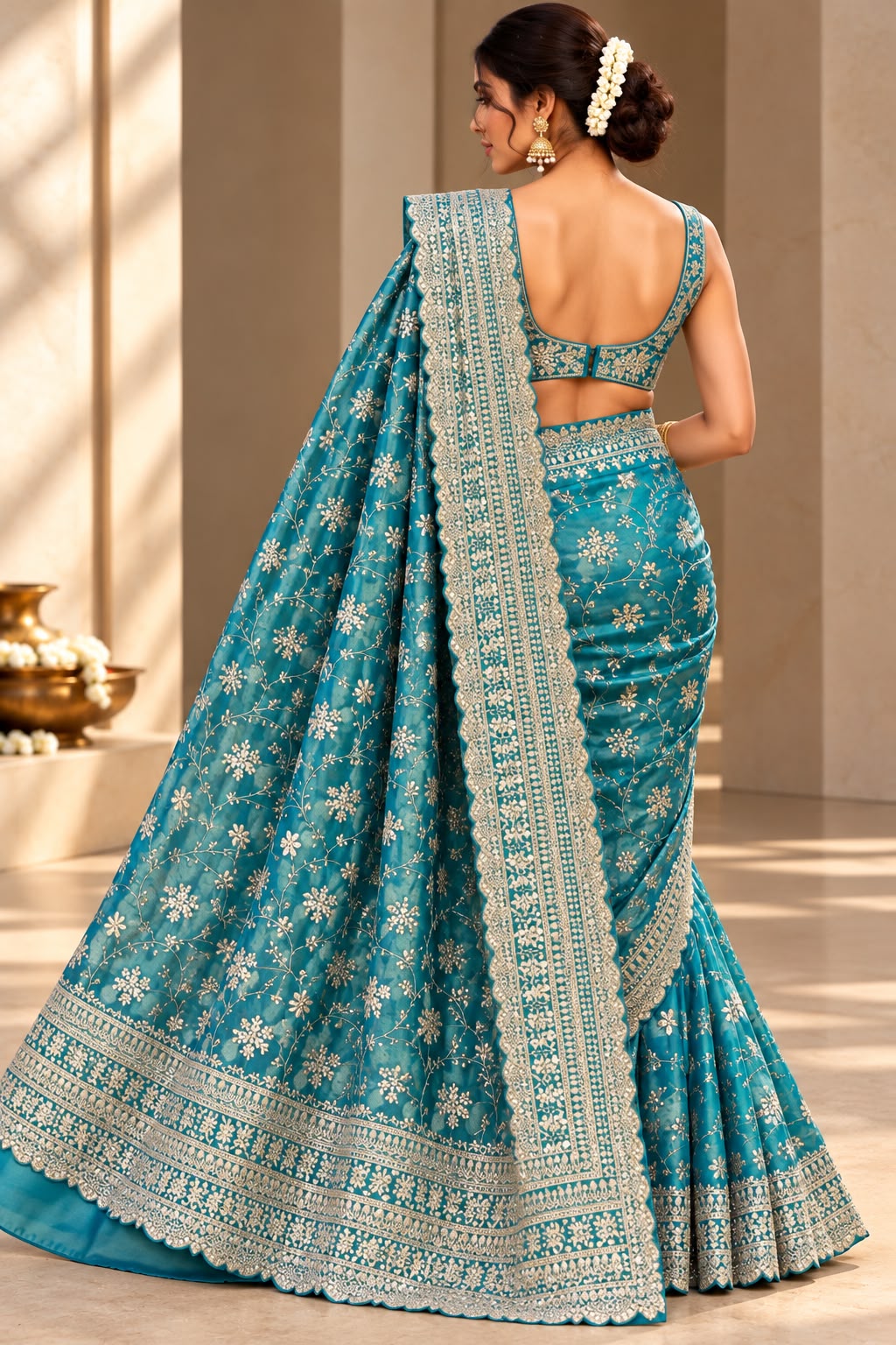 Aqua Blue Embellished Tissue Silk Saree