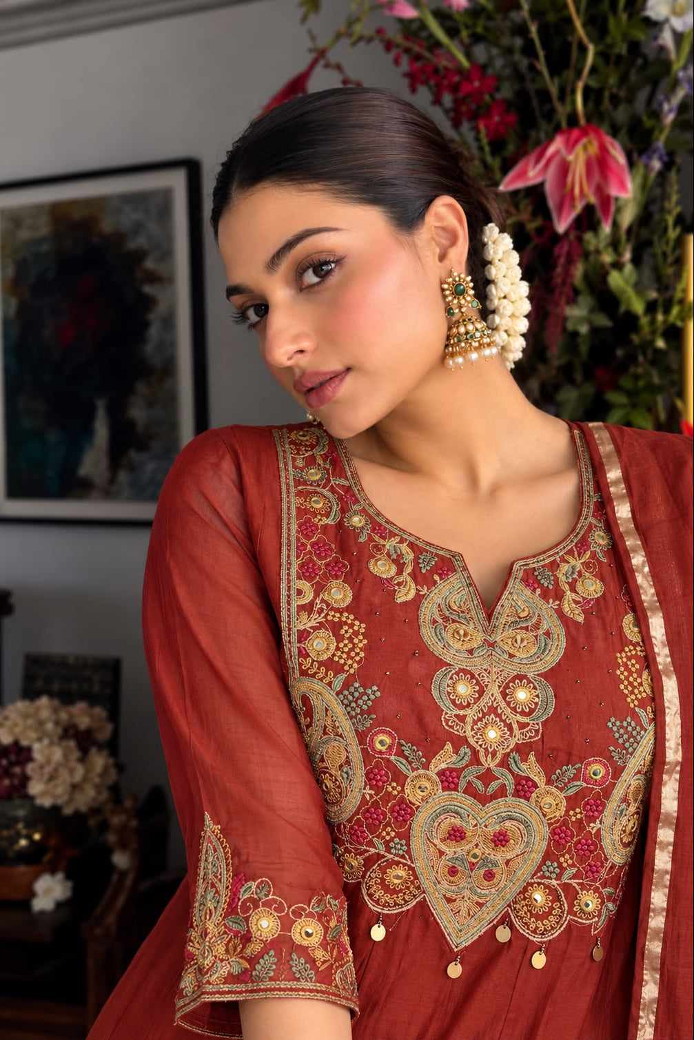 Rust Red Embellished Mul Chanderi Silk Anarkali Set