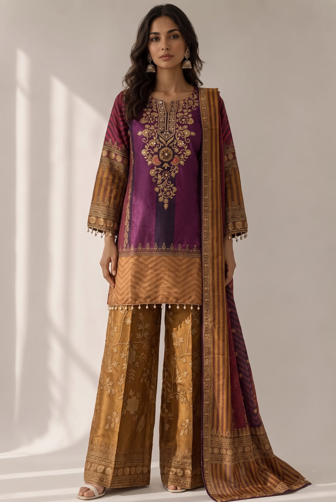 Royal Purple Embellished Crepe Silk Palazzo Set