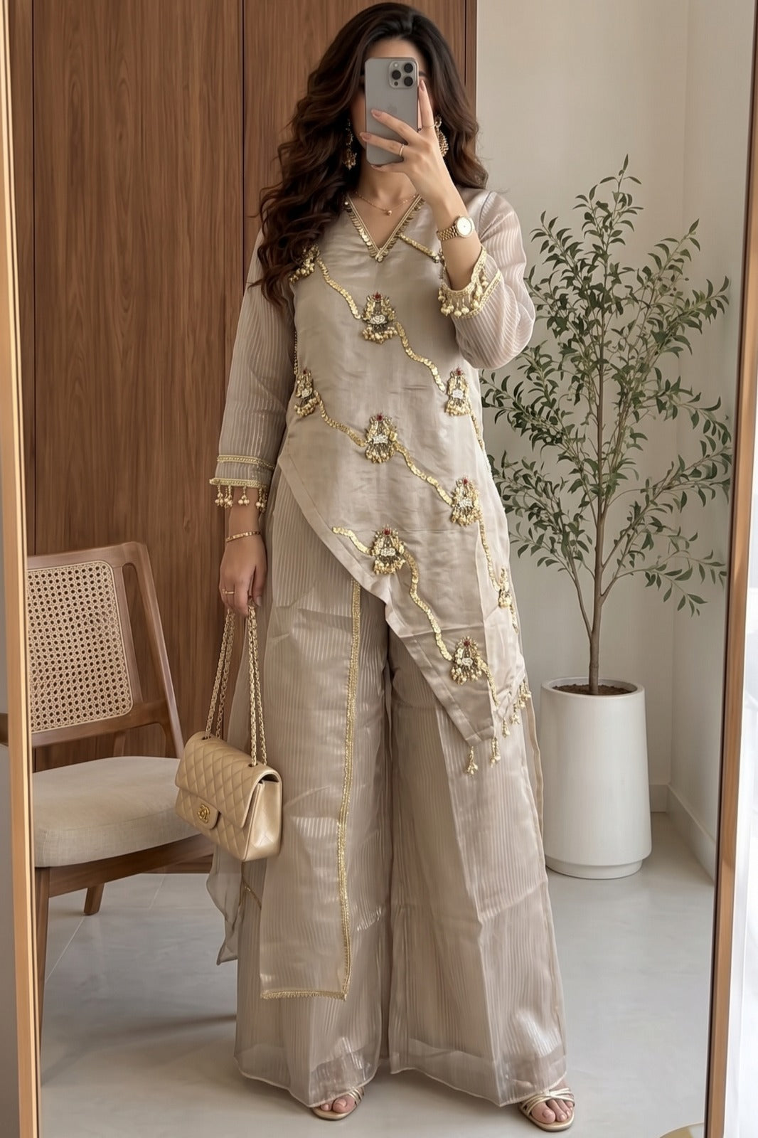 Taupe Champagne Embellished Shimmer Tissue Silk Co-Ord Set