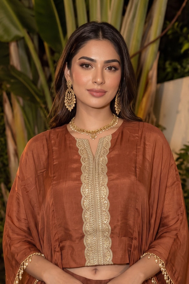 Rich Terracotta Brown Embellished Crepe Silk Skirt Set