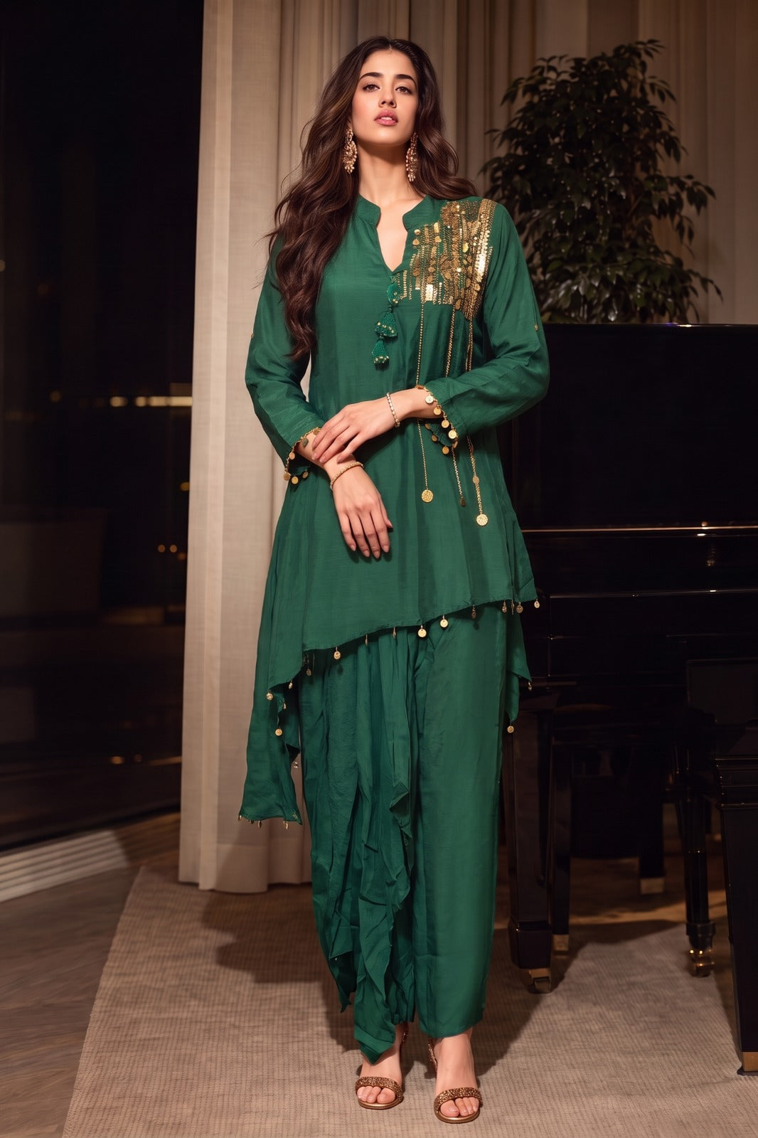Forest Green Embellished Crepe Silk Skirt Set