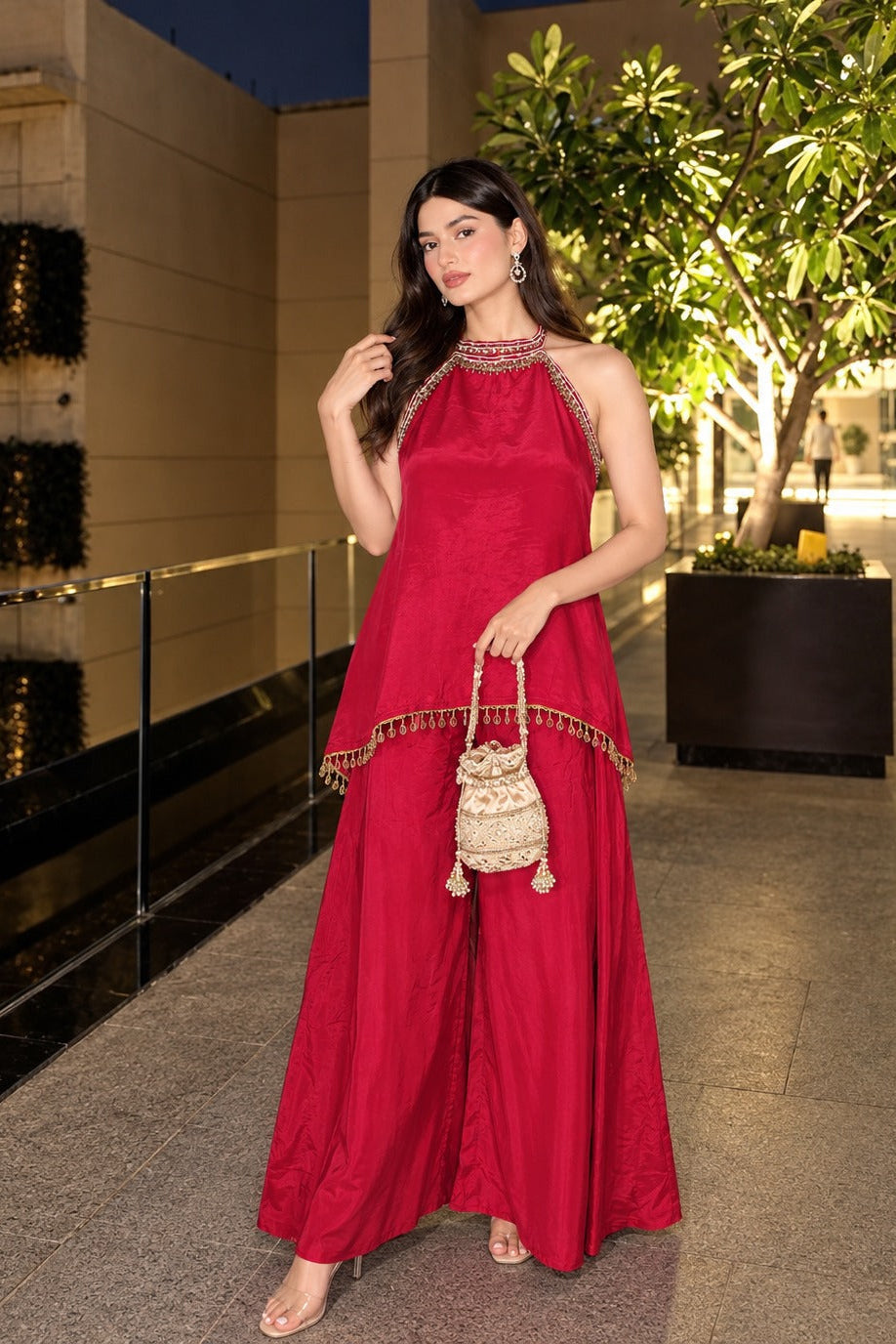 Hot Pink Embellished Crepe Silk Co-Ord Set