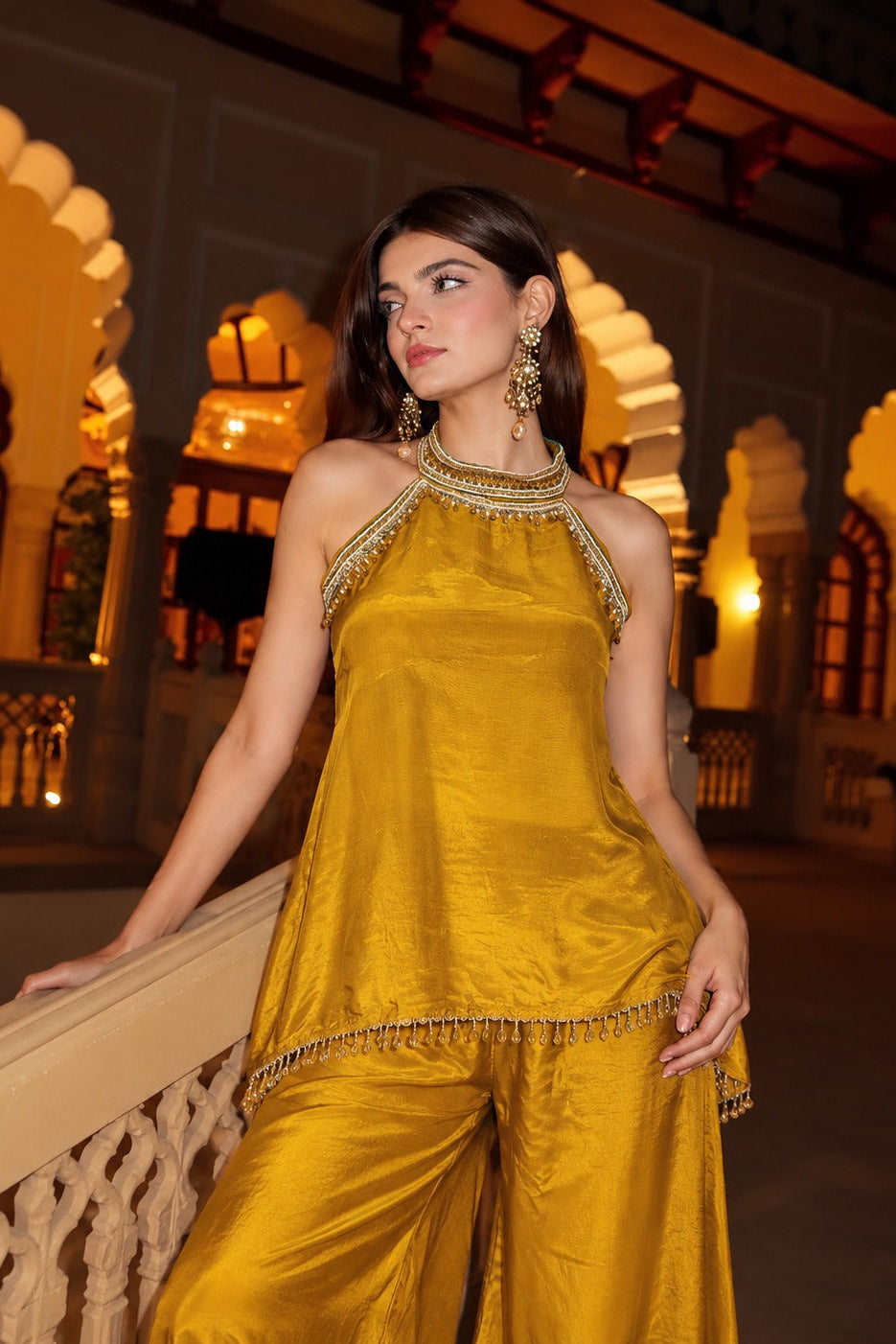 Mustard Yellow Embellished Crepe Silk Co-Ord Set
