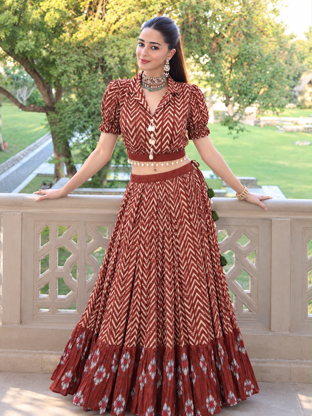 Rust Brown Printed Mul Cotton Skirt Set