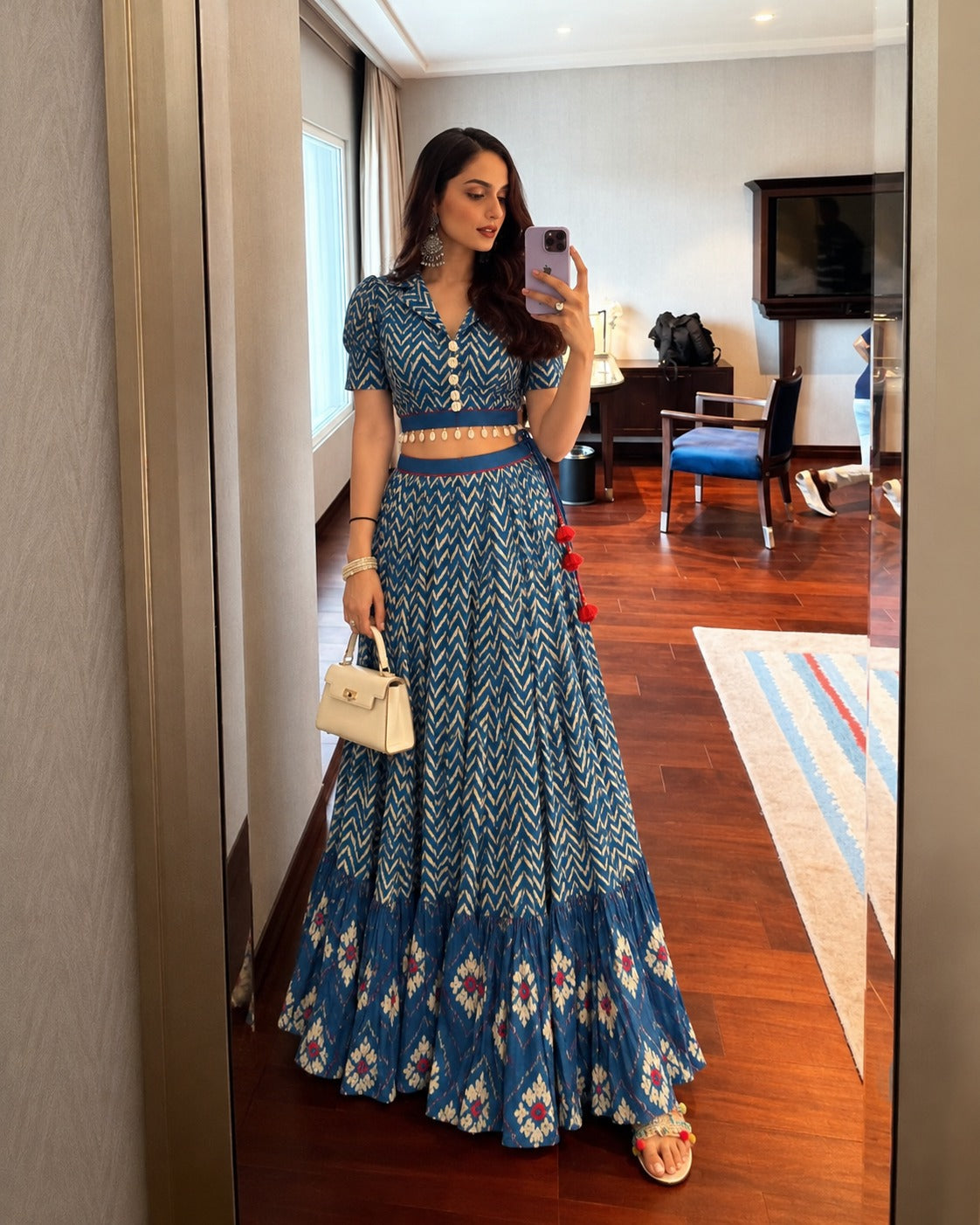 Indigo Blue Printed Mul Cotton Skirt Set