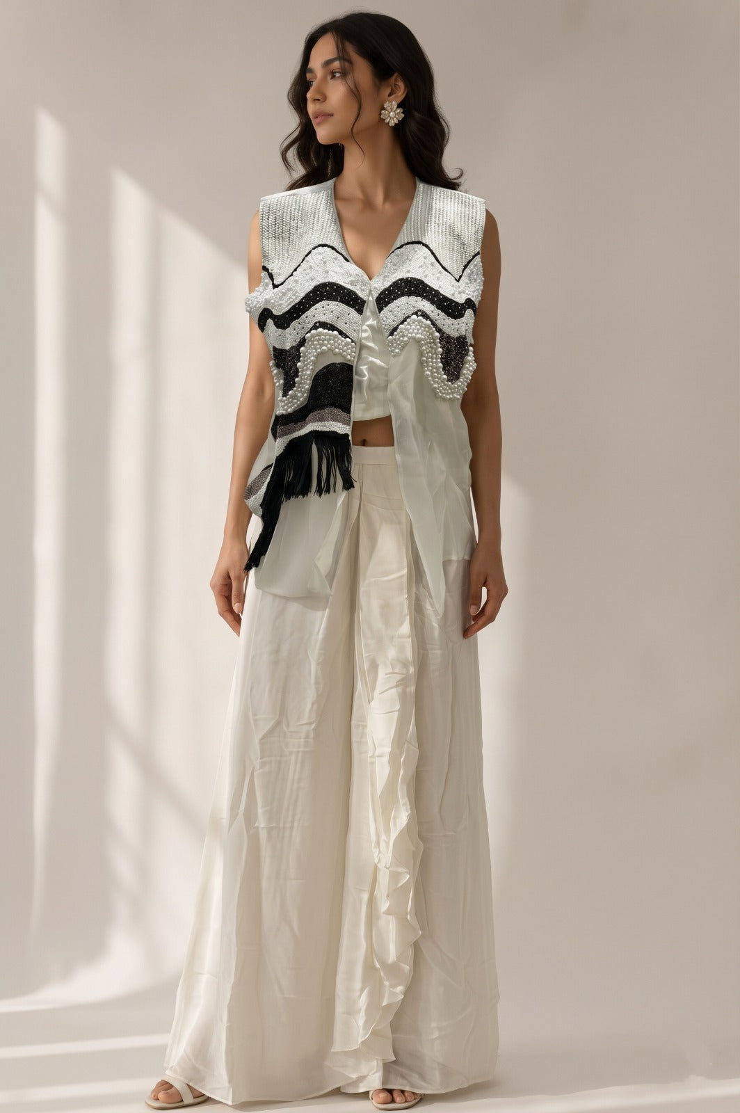Ivory White Embellished Organza Silk Skirt Set