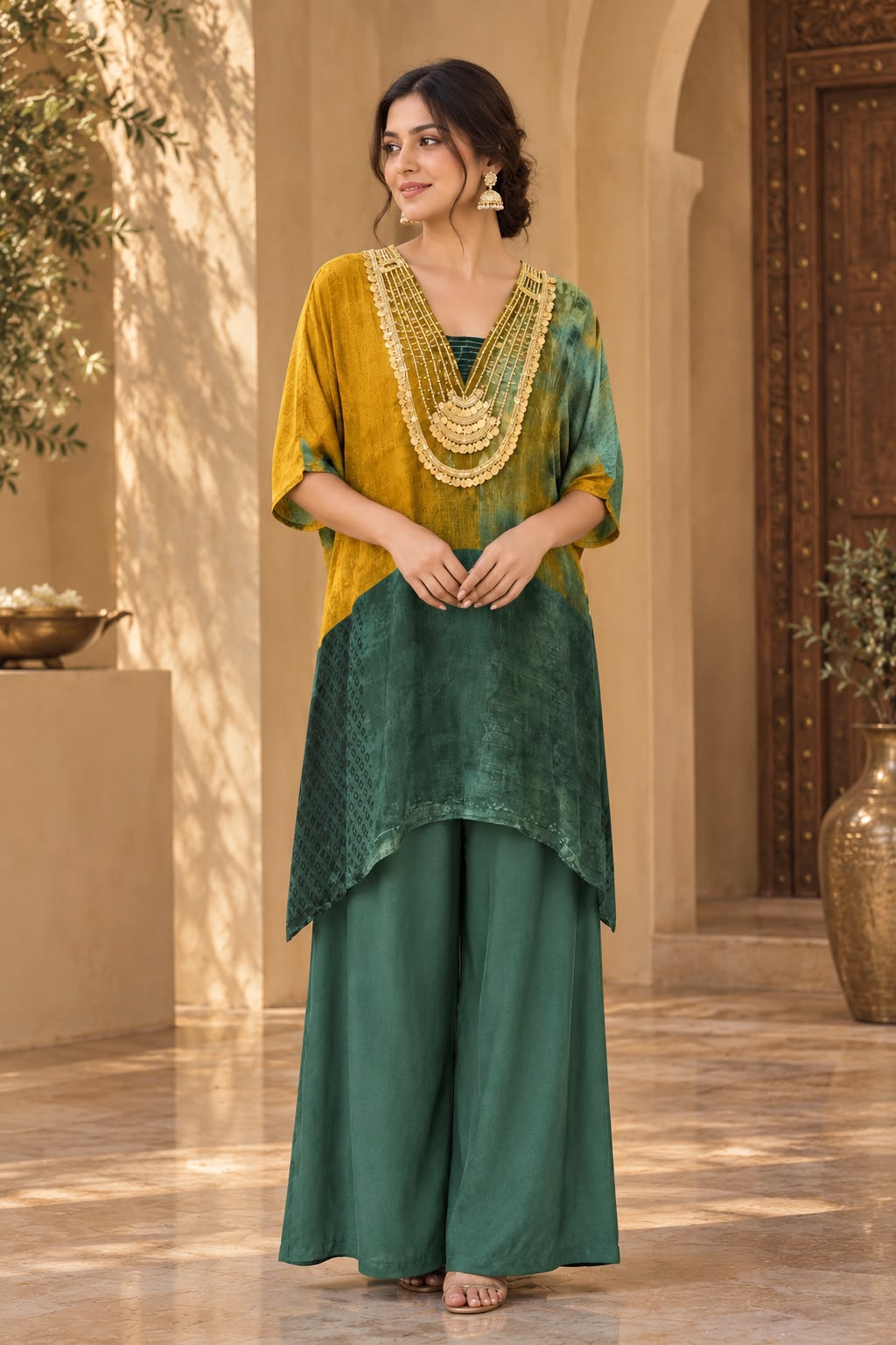 Bottle Green Embellished Crepe Silk Palazzo Set
