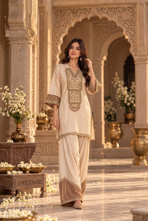 Elegant Beige Embellished Satin Silk Salwar Set
