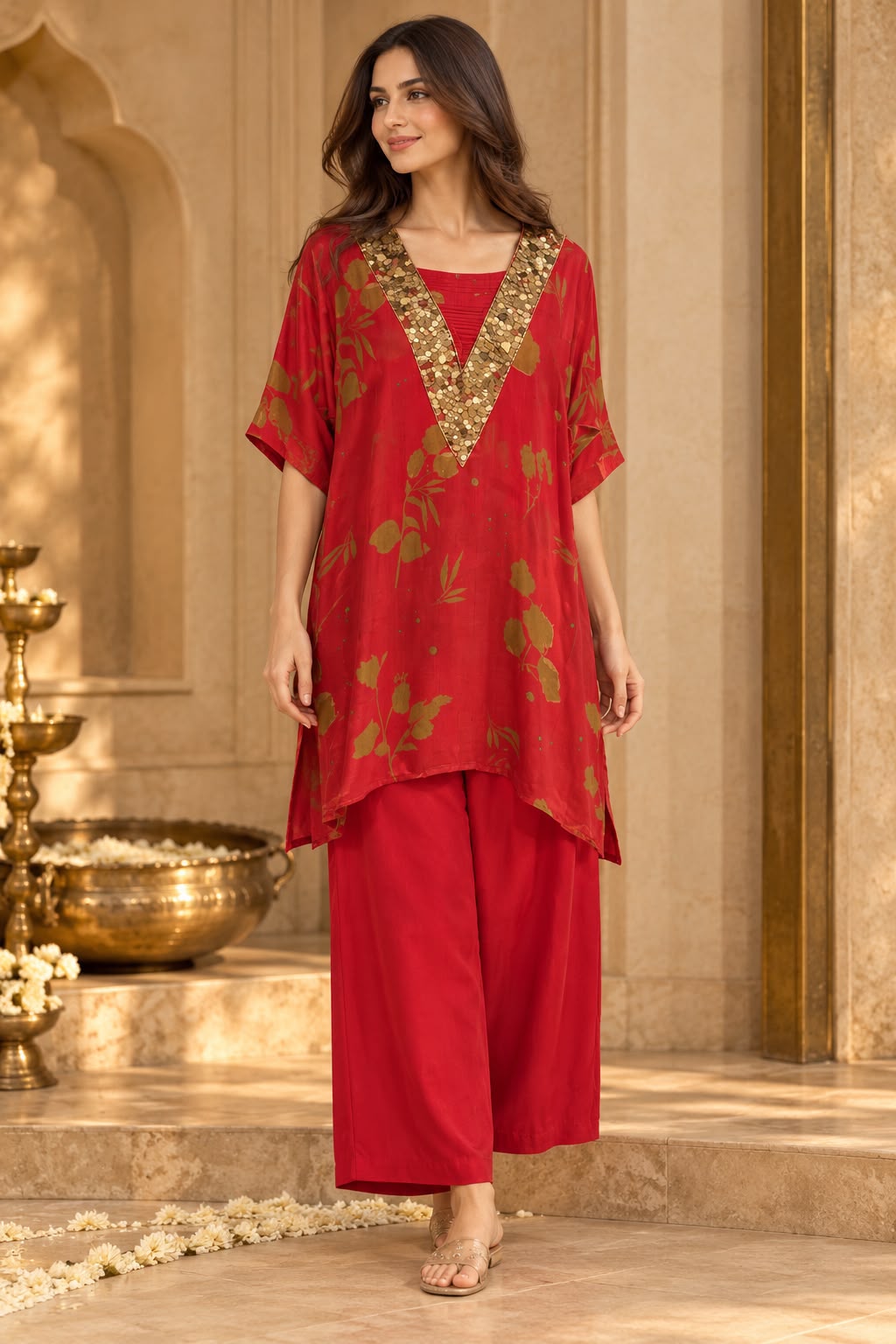 Scarlet Red Embellished Crepe Silk Palazzo Set