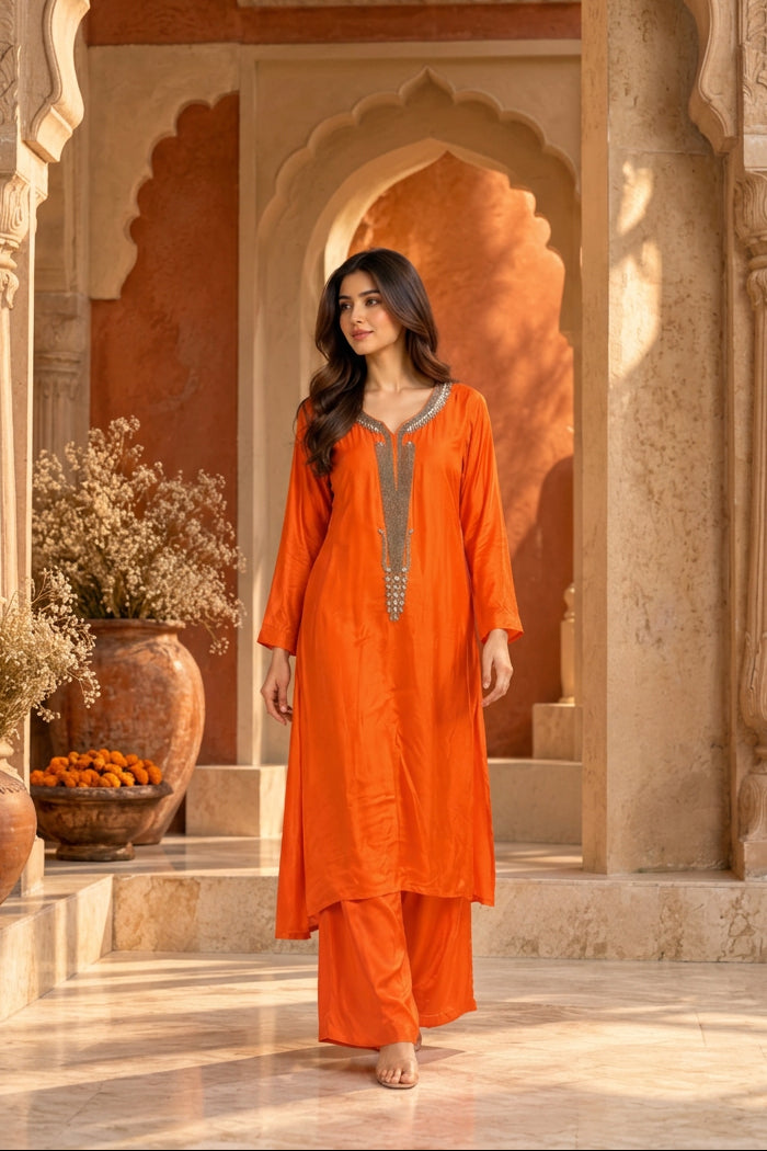 Vibrant Orange Embellished Crepe Silk Palazzo Set