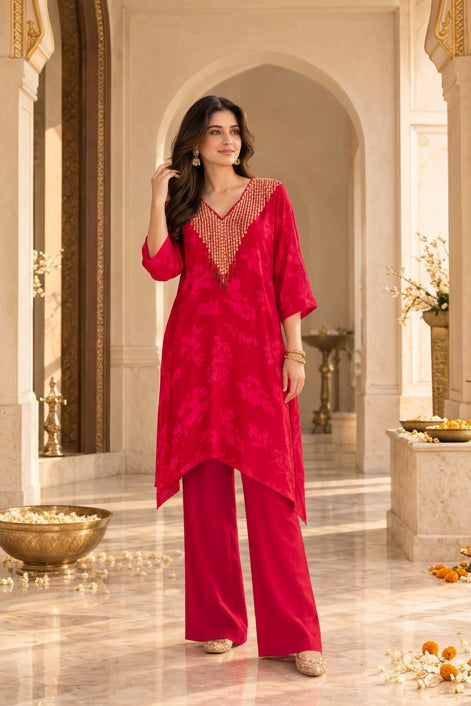 Ruby Pink Embellished Crepe Silk Palazzo Set