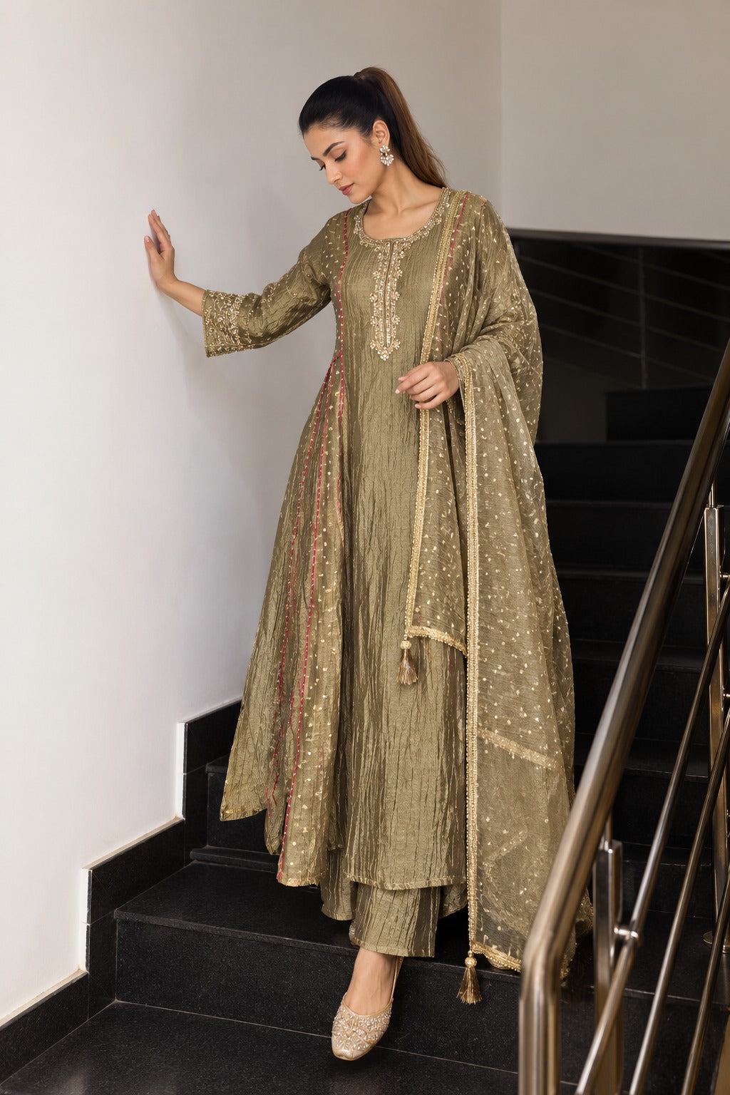 Metallic Grey Embellished Shimmer Crushed Silk Anarkali Set