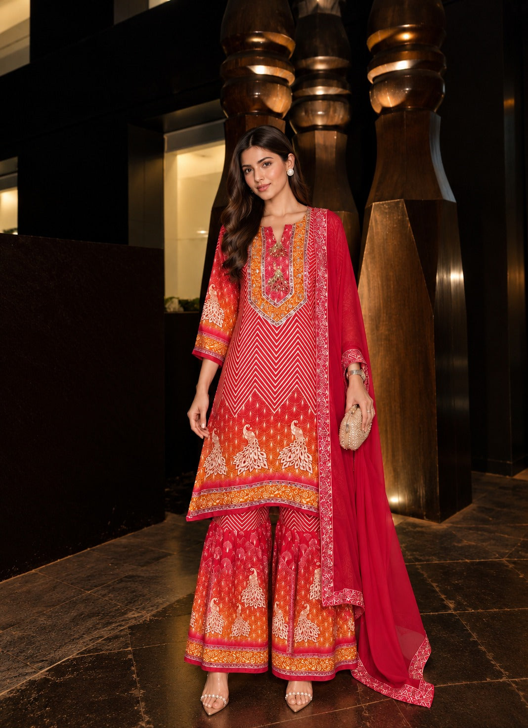 Fuchsia Red Embellished Crepe Silk Sharara Set