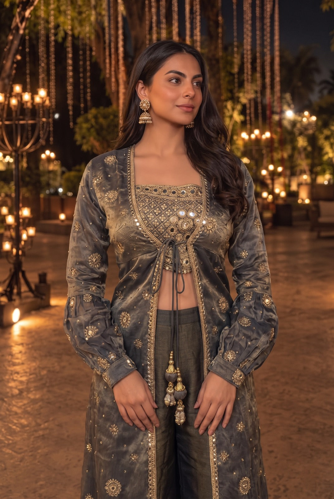 Charcoal Slate Grey Embellished Tissue Silk Palazzo Set