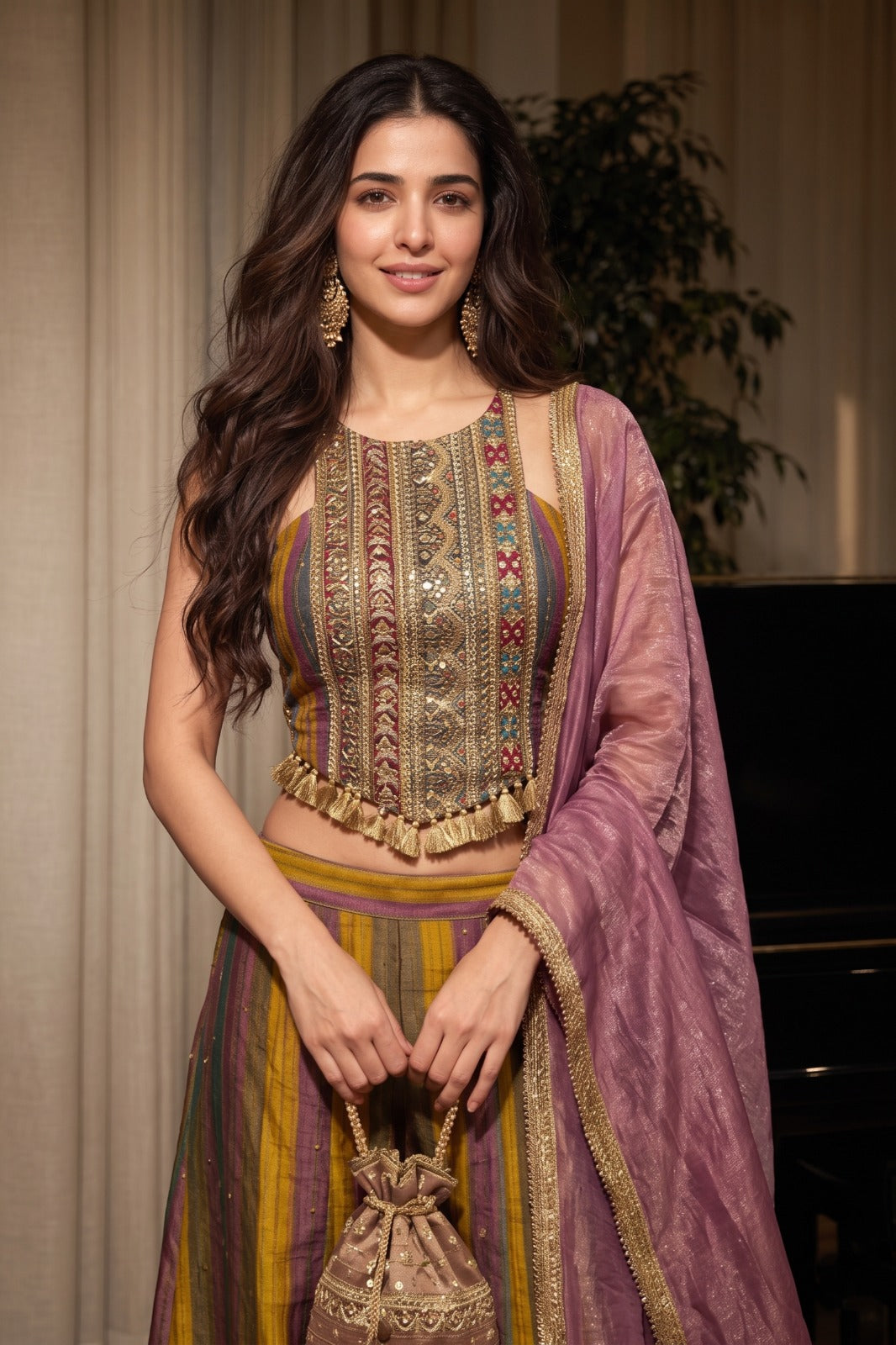 Dusty Purple Embellished Shimmer Silk Palazzo Set