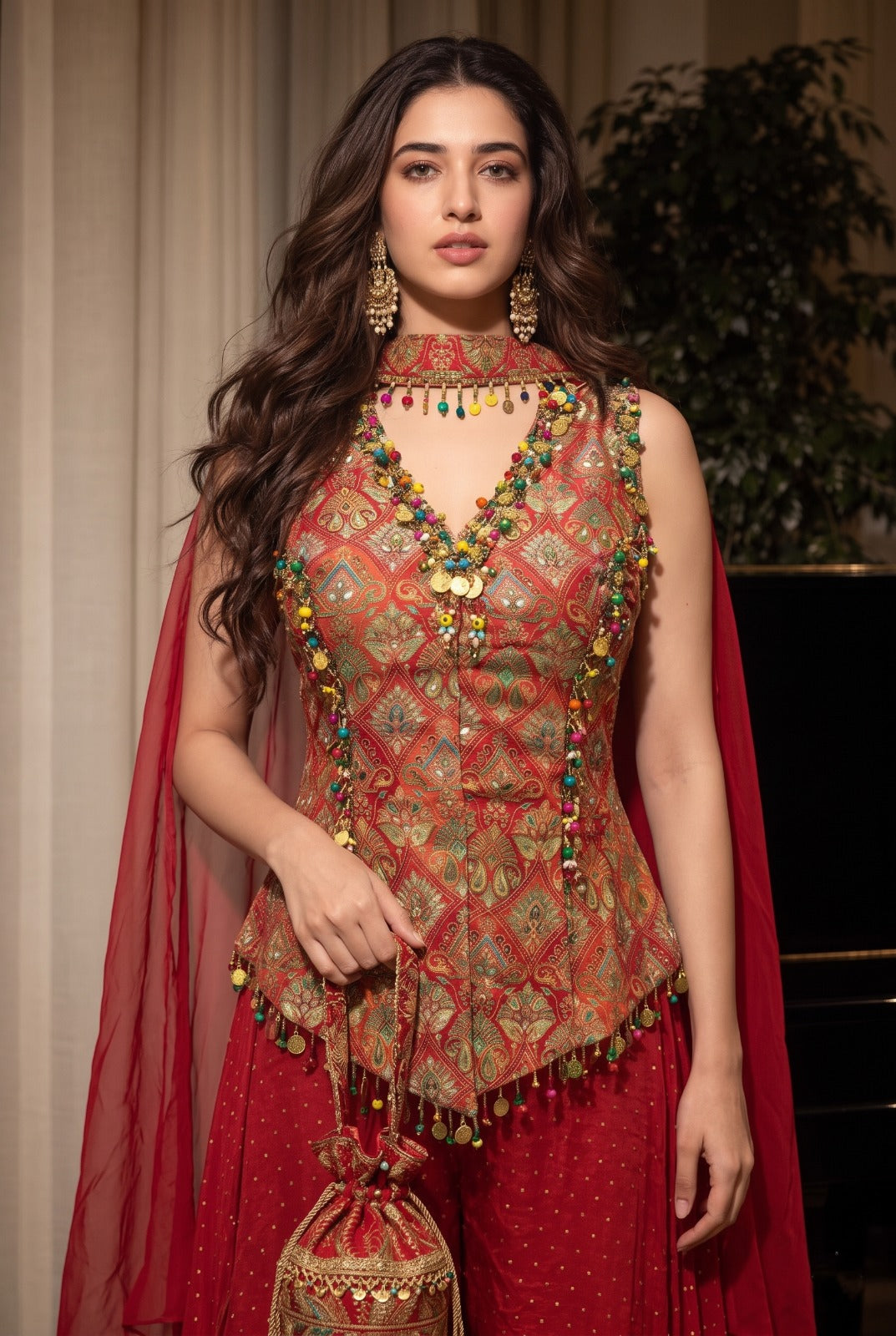 Crimson Red Embellished Crepe Silk Palazzo Set