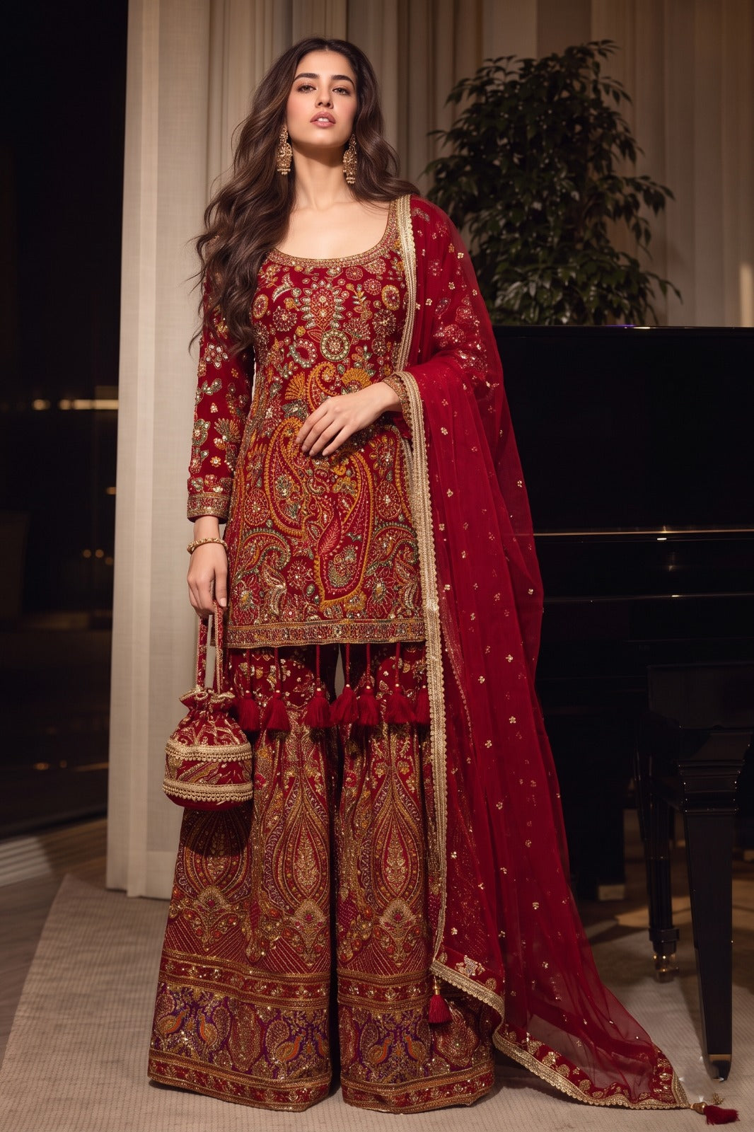 Crimson Red Embellished Georgette Silk Sharara Set
