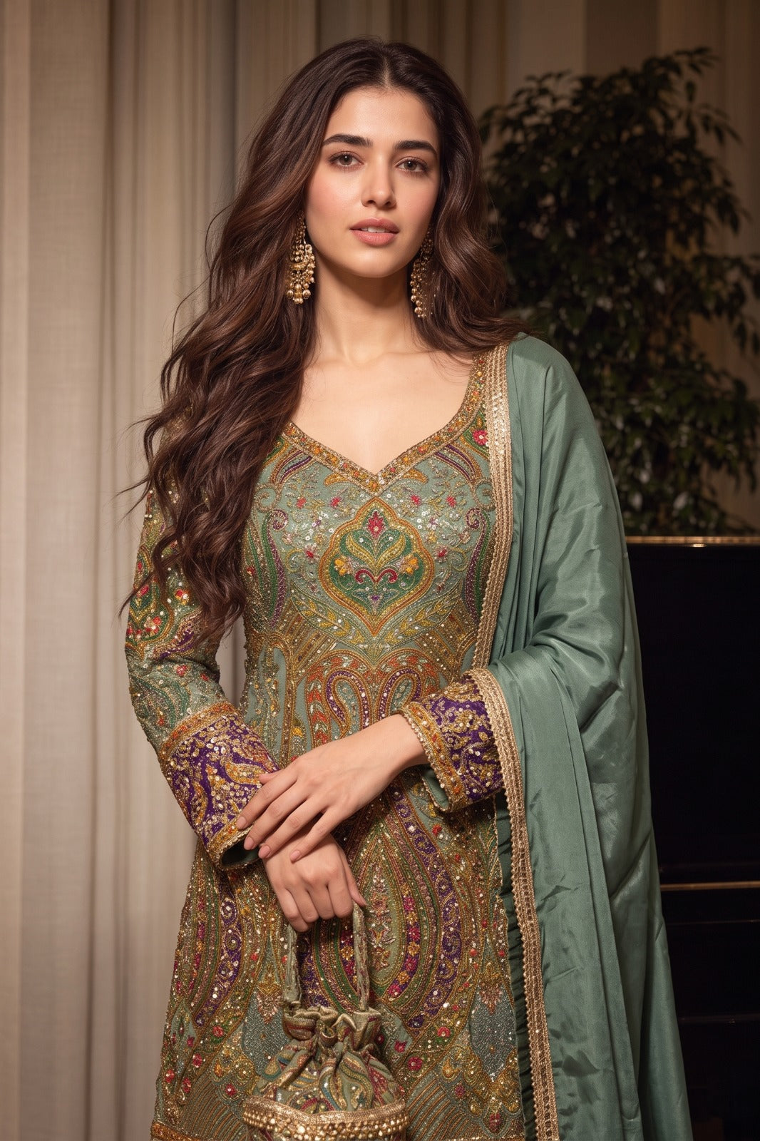 Sage Green Embellished Crepe Silk Palazzo Set