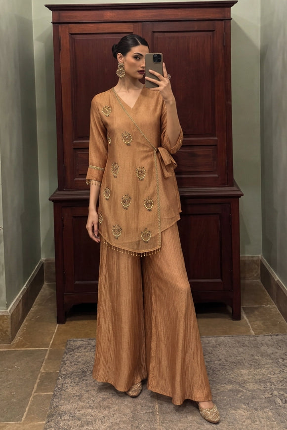 Peach Gold Embellished Shimmer Silk Co-Ord Set