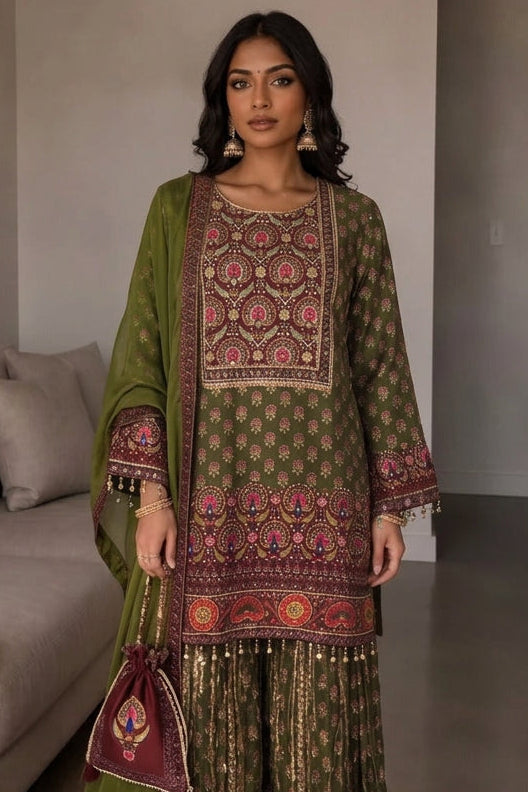 Olive Green Embellished Crepe Silk Palazzo Set