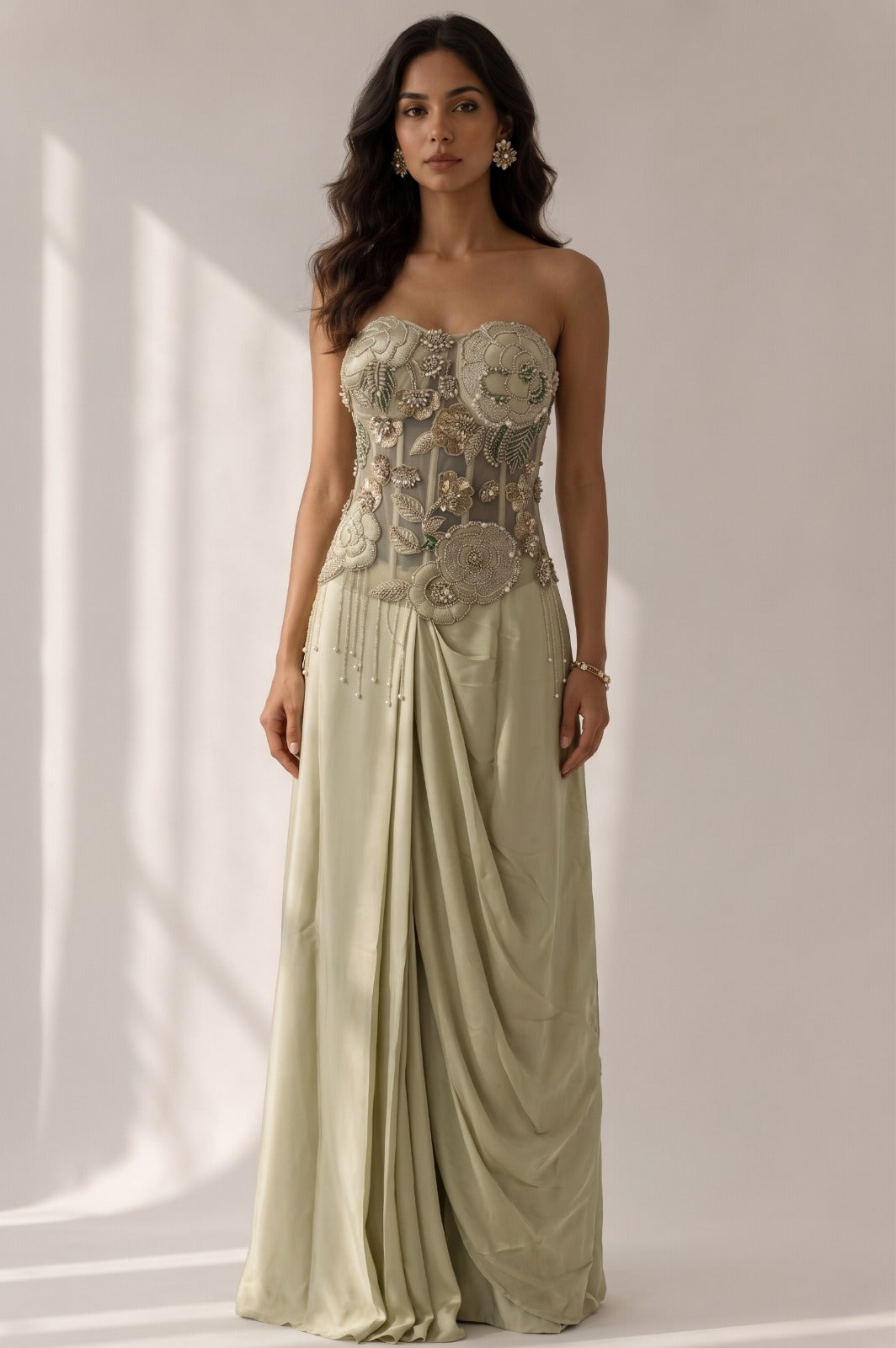 Pistachio Green Embellished Crepe Satin Silk Skirt Set