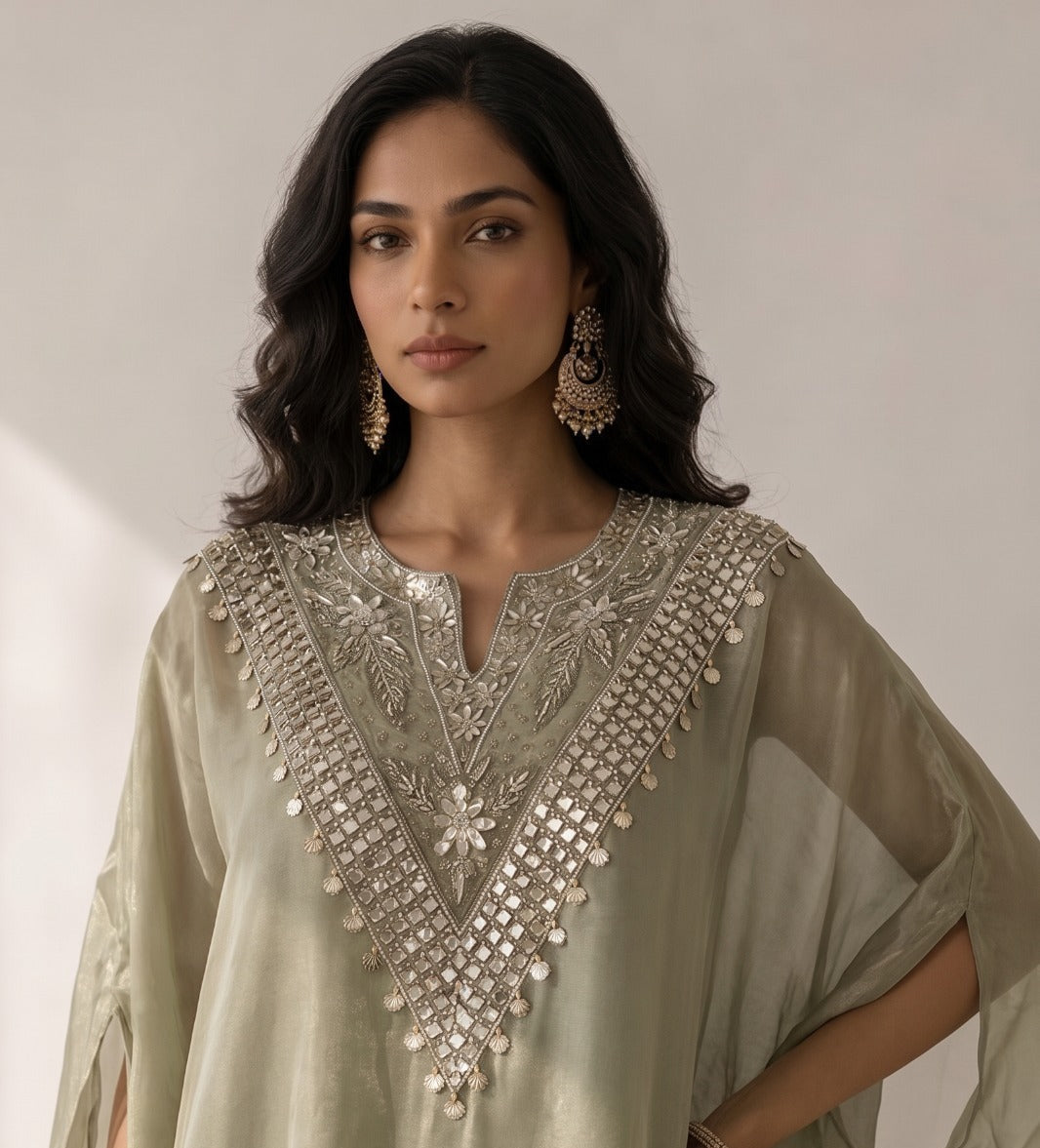 Sage Green Embellished Crepe Satin Silk Palazzo Set