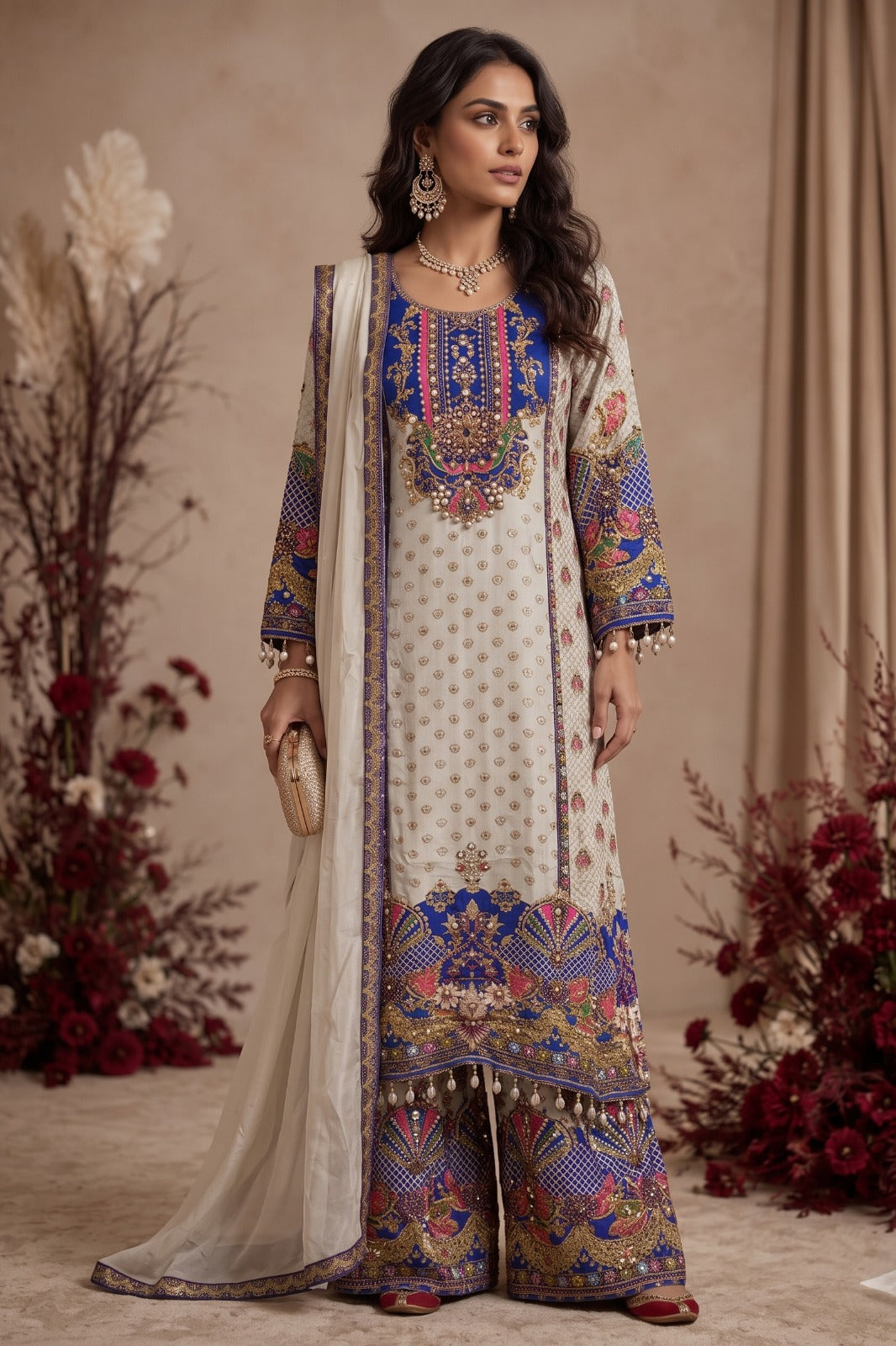 Ivory Cream Embellished Crepe Silk Palazzo Set