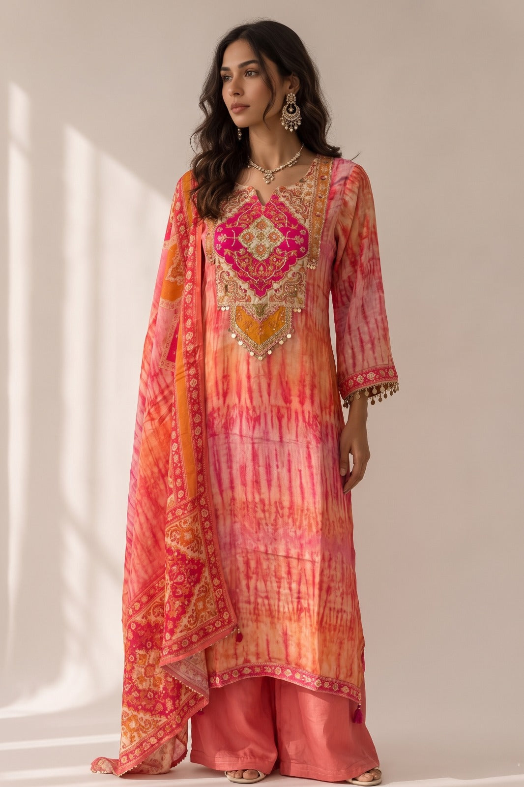Coral Pink Embellished Crepe Silk Pant Set