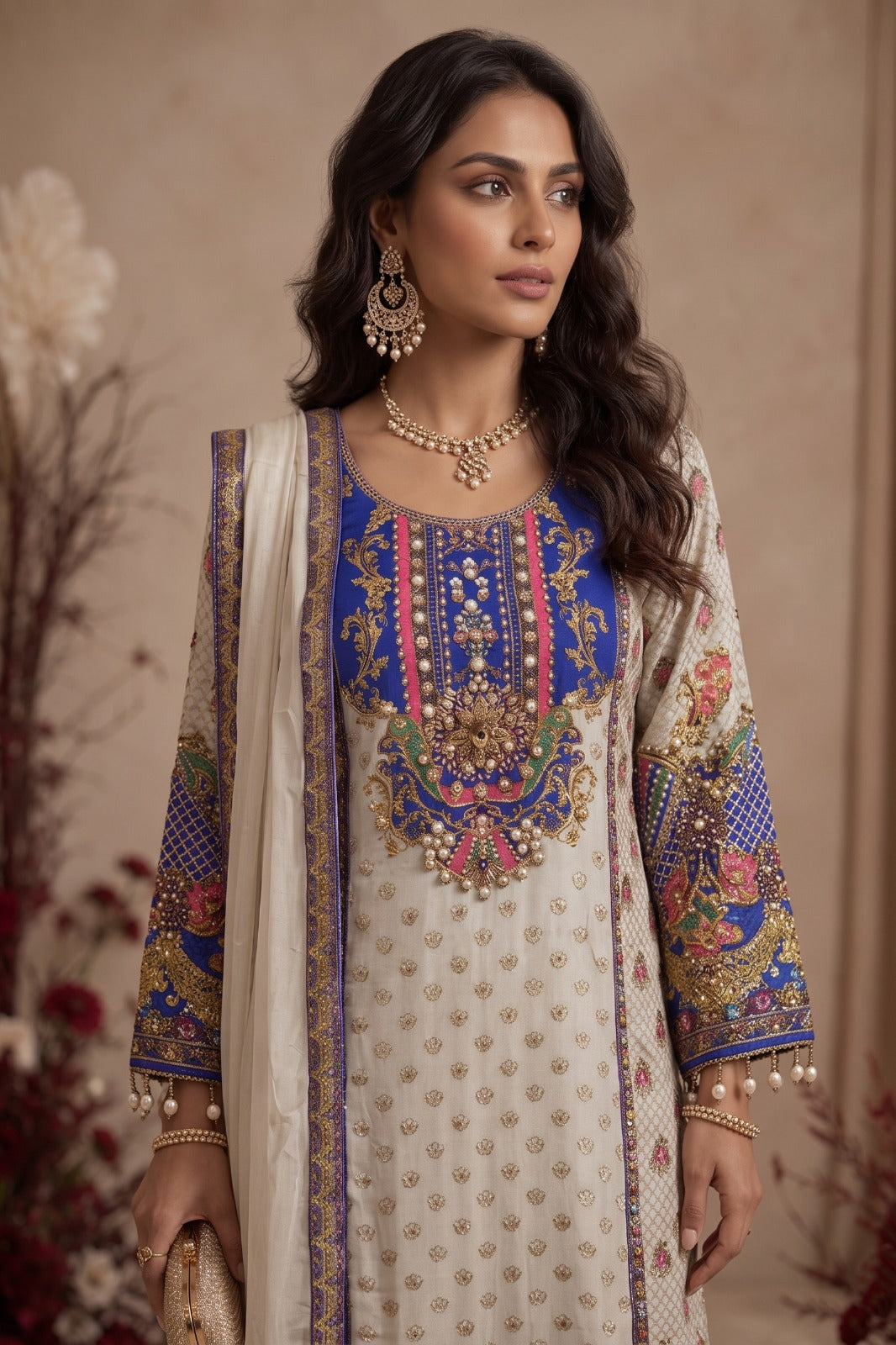 Ivory Cream Embellished Crepe Silk Palazzo Set